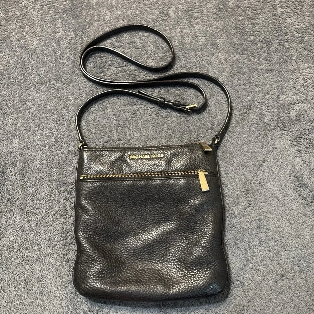 Michael Kors Medium Black Leather Crossbody Handbag with Gold Accents